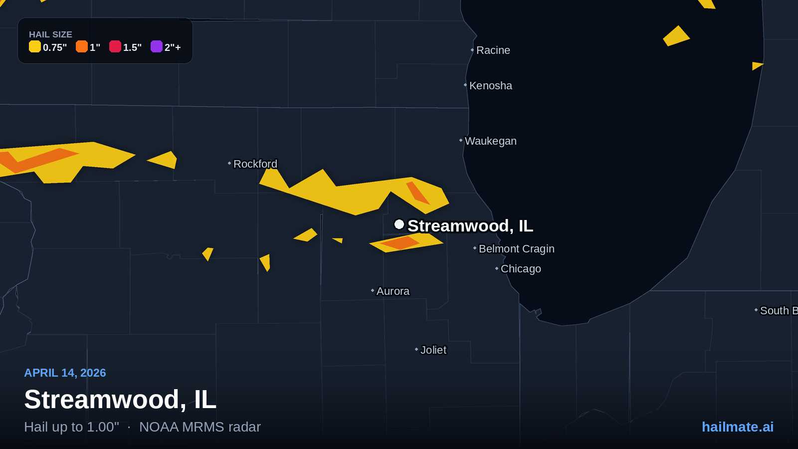 Hail swath map for Streamwood, IL on April 14, 2026 showing 1.00 inch hail.