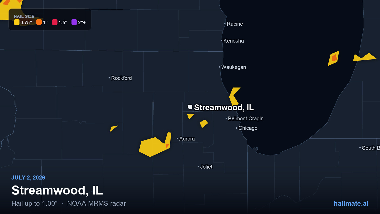 Hail swath map for Streamwood, IL on July 2, 2026 showing 1.00 inch hail.