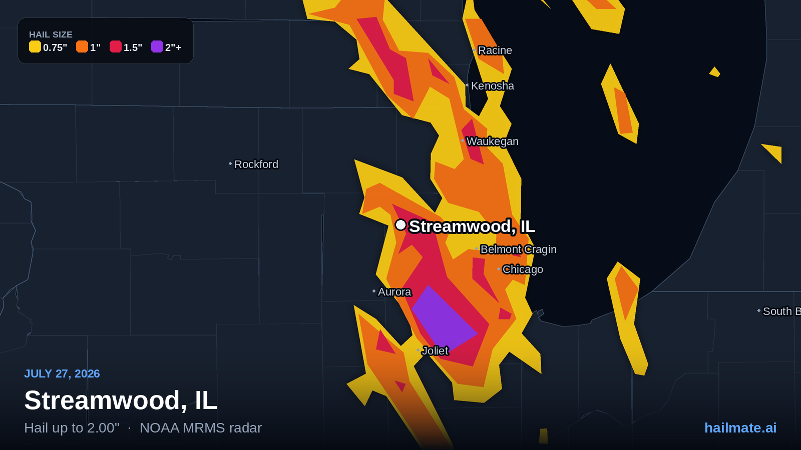 Hail swath map for Streamwood, IL on July 27, 2026 showing 2.00 inch hail.
