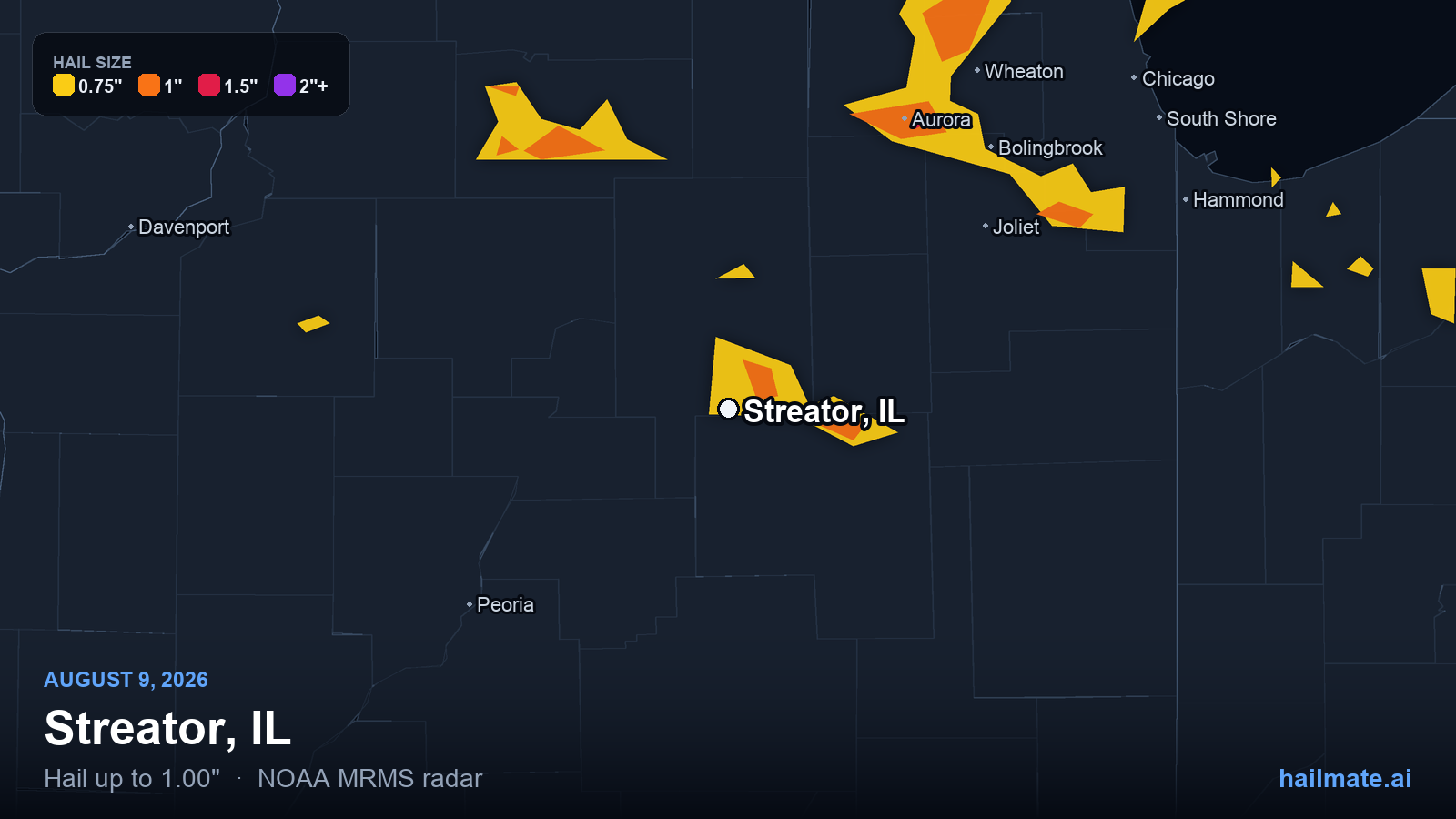 Hail swath map for Streator, IL on August 9, 2026 showing 1.00 inch hail.