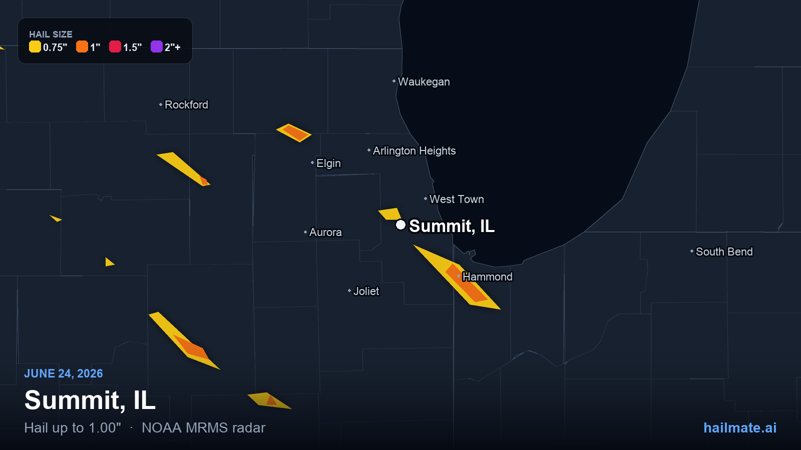 Hail swath map for Summit, IL on June 24, 2026 showing 1.00 inch hail.
