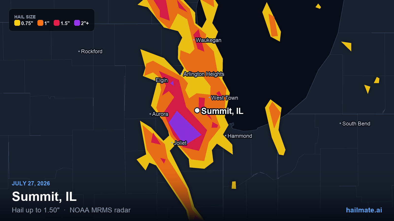Hail swath map for Summit, IL on July 27, 2026 showing 1.50 inch hail.