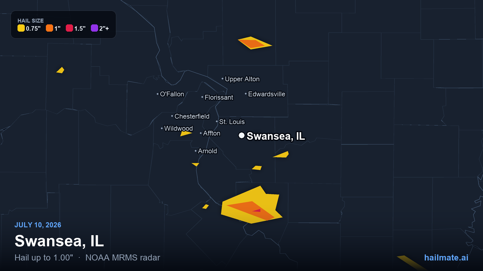 Hail swath map for Swansea, IL on July 10, 2026 showing 1.00 inch hail.