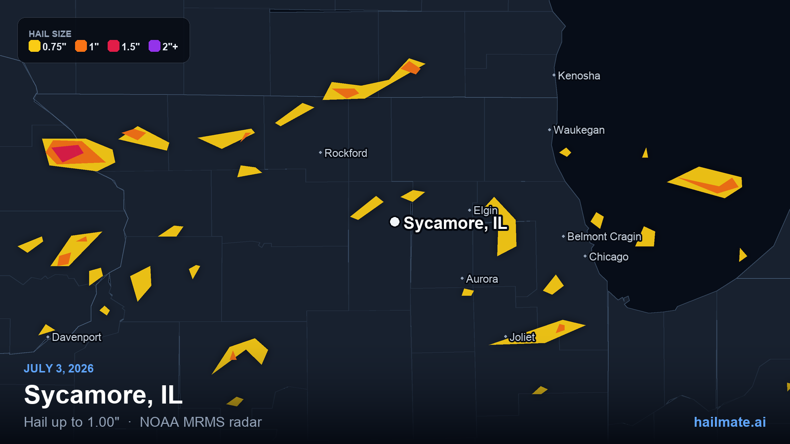 Hail swath map for Sycamore, IL on July 3, 2026 showing 1.00 inch hail.