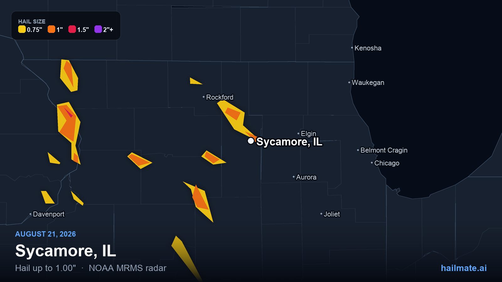 Hail swath map for Sycamore, IL on August 21, 2026 showing 1.00 inch hail.