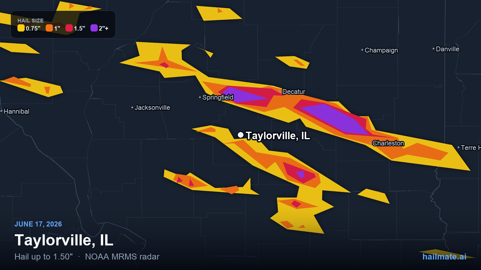 Hail swath map for Taylorville, IL on June 17, 2026 showing 1.50 inch hail.