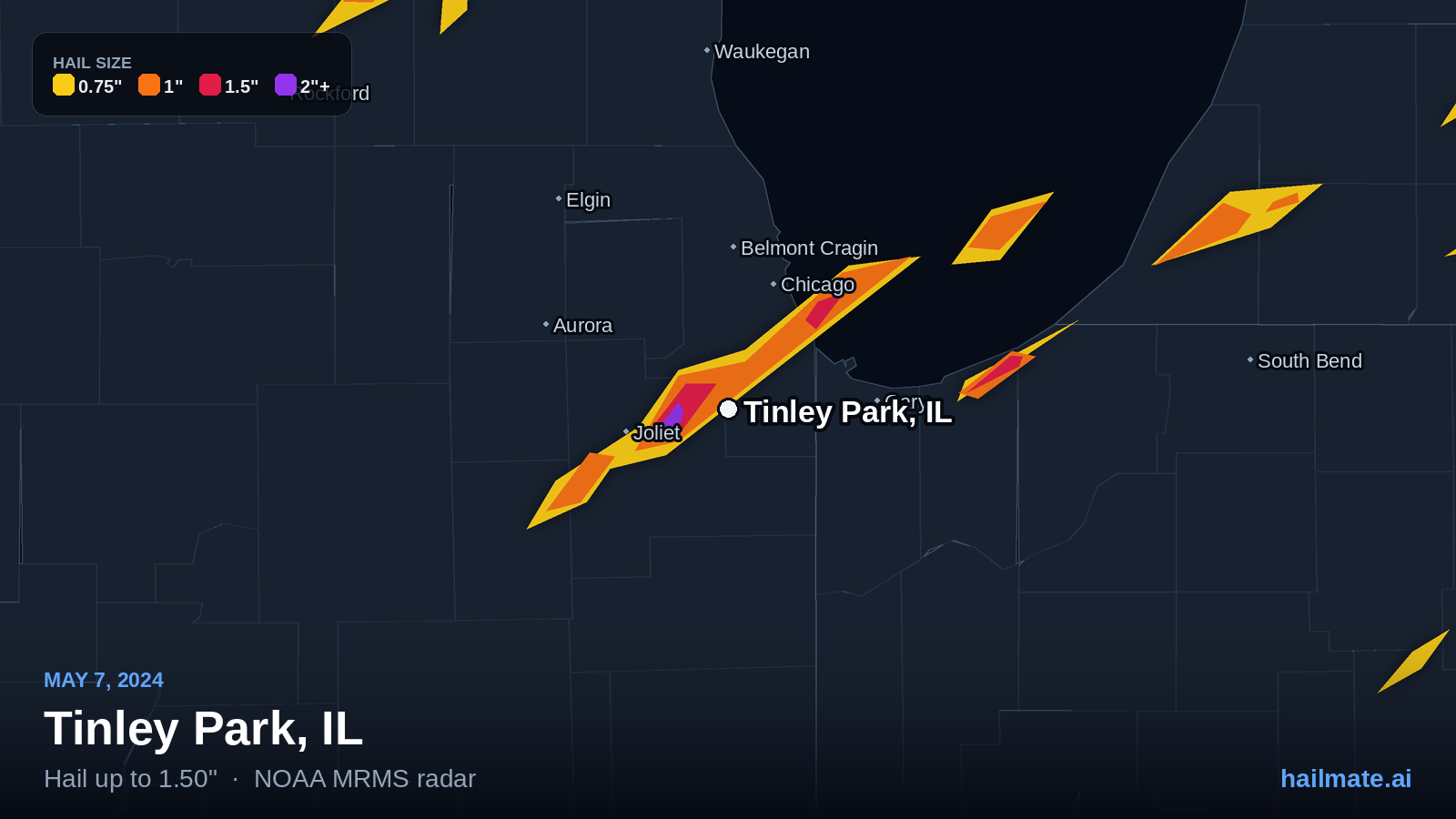 Hail swath map for Tinley Park, IL on May 7, 2024 showing 1.50 inch hail.
