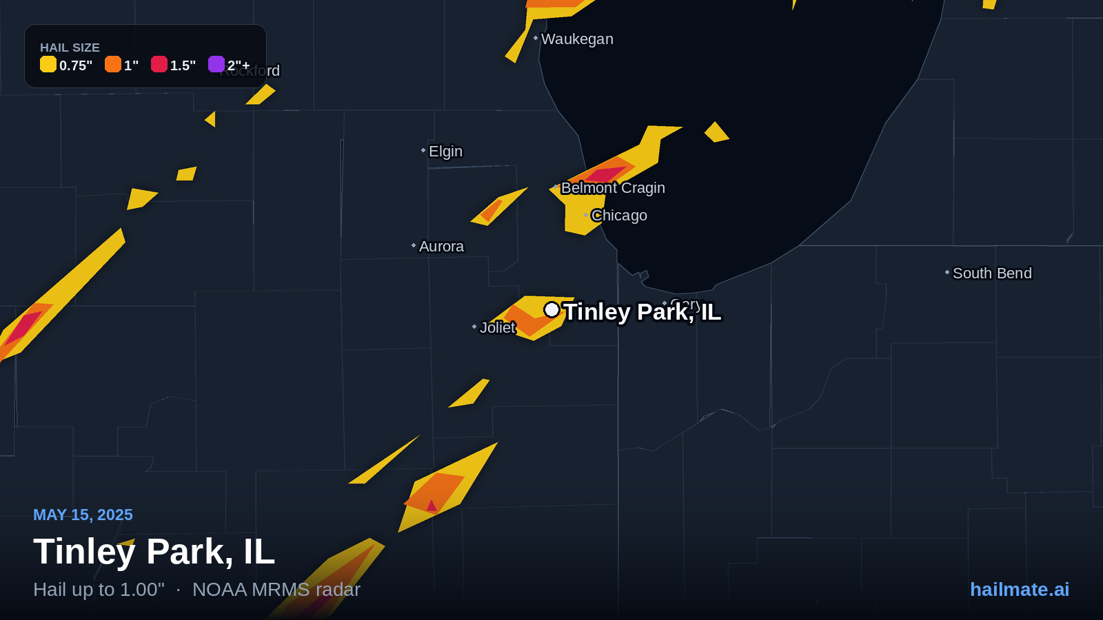 Hail swath map for Tinley Park, IL on May 15, 2025 showing 1.00 inch hail.