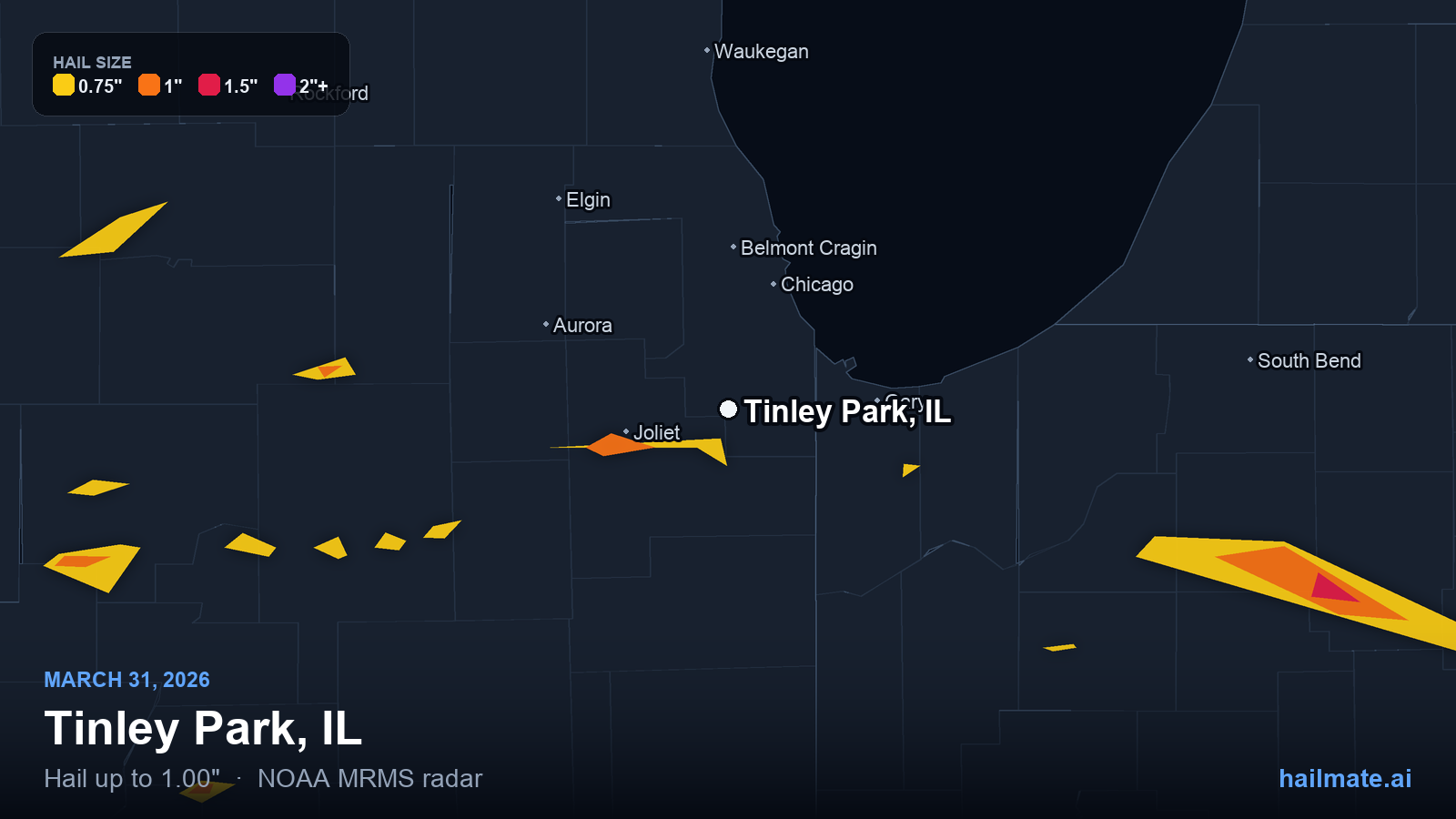 Hail swath map for Tinley Park, IL on March 31, 2026 showing 1.00 inch hail.