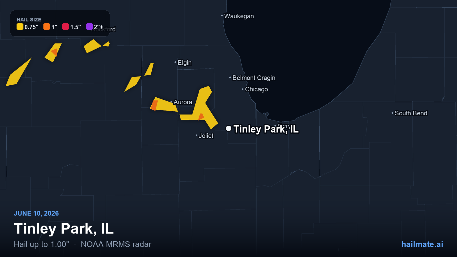 Hail swath map for Tinley Park, IL on June 10, 2026 showing 1.00 inch hail.