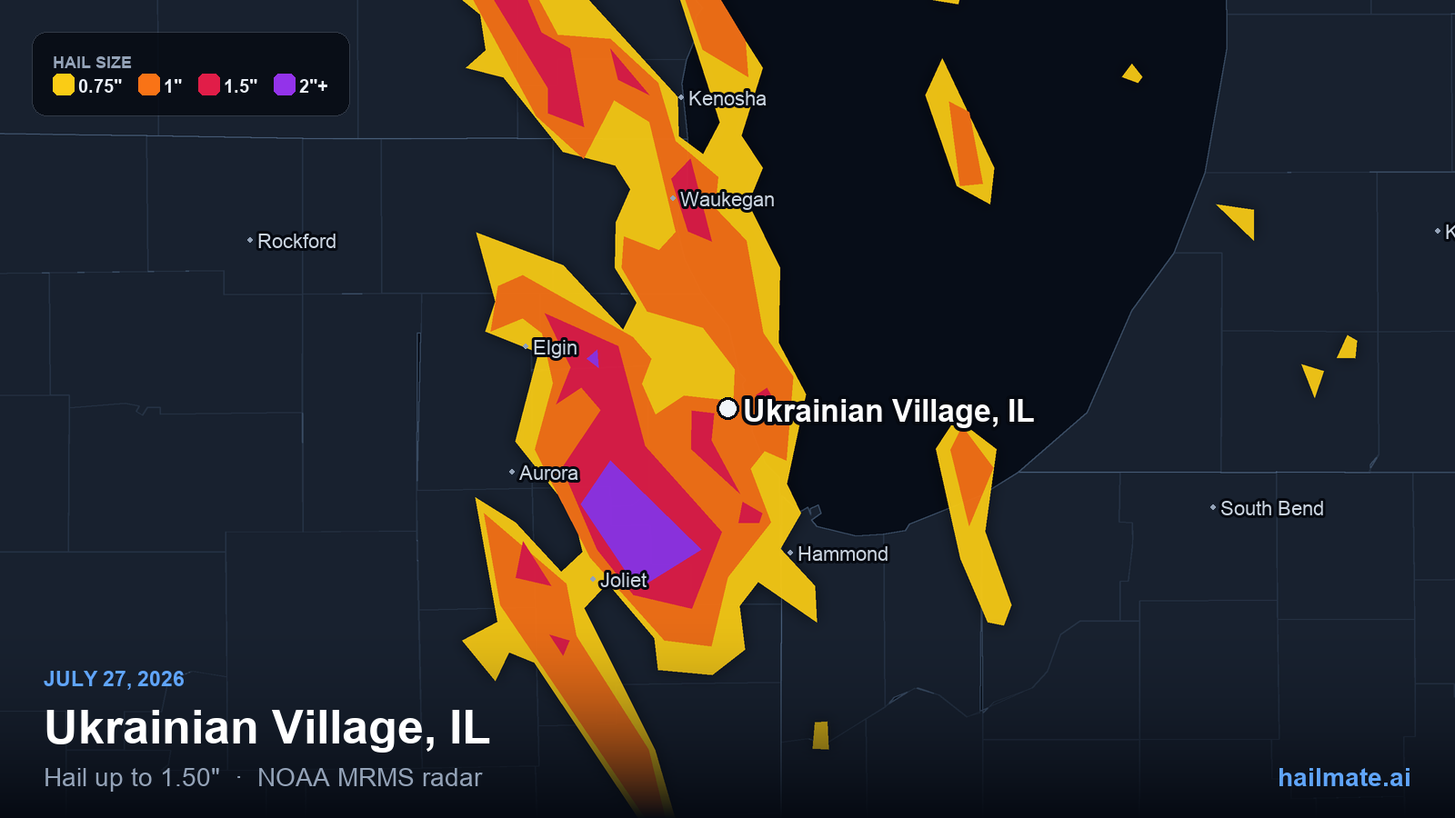 Hail swath map for Ukrainian Village, IL on July 27, 2026 showing 1.50 inch hail.