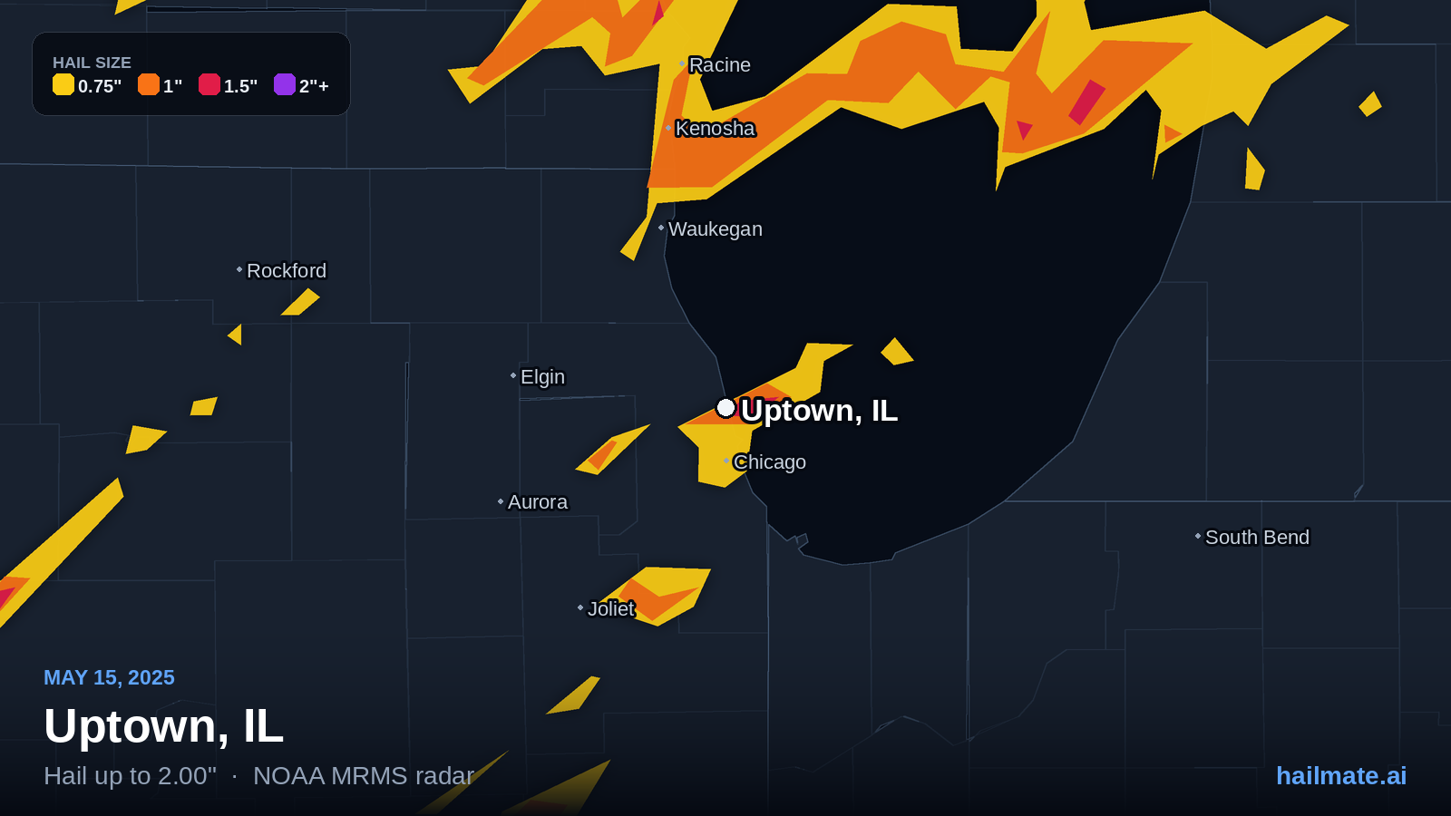 Hail swath map for Uptown, IL on May 15, 2025 showing 2.00 inch hail.