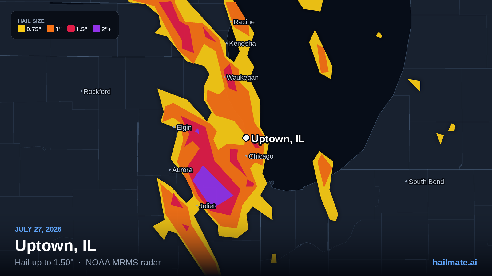 Hail swath map for Uptown, IL on July 27, 2026 showing 1.50 inch hail.