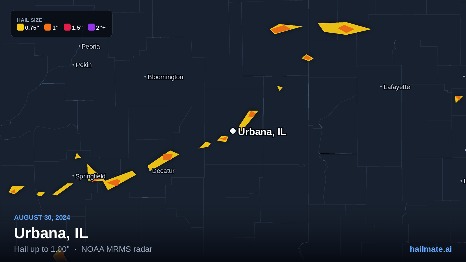 Hail swath map for Urbana, IL on August 30, 2024 showing 1.00 inch hail.