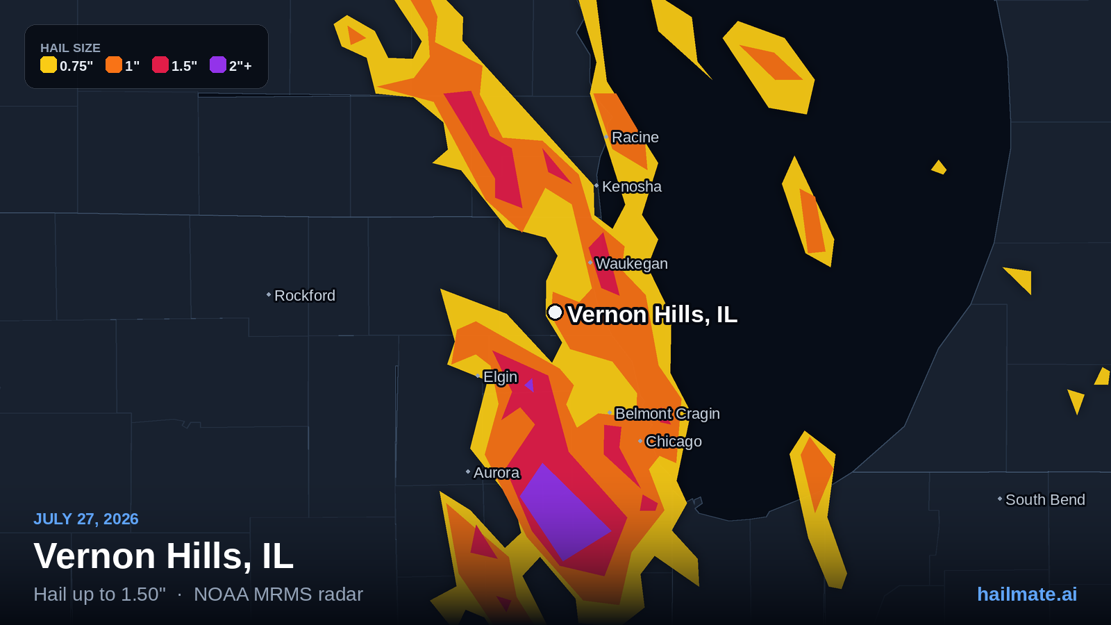 Hail swath map for Vernon Hills, IL on July 27, 2026 showing 1.50 inch hail.