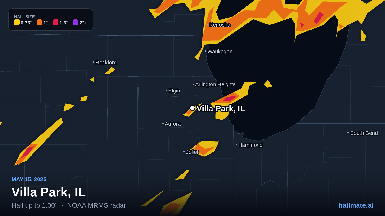 Hail swath map for Villa Park, IL on May 15, 2025 showing 1.00 inch hail.