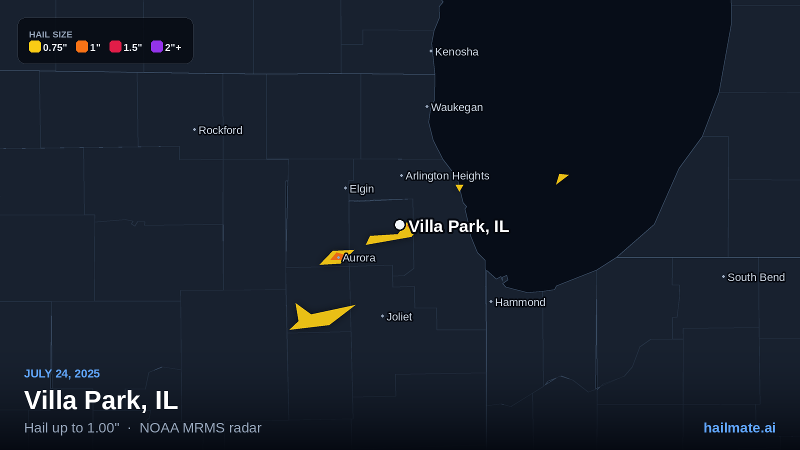 Hail swath map for Villa Park, IL on July 24, 2025 showing 1.00 inch hail.