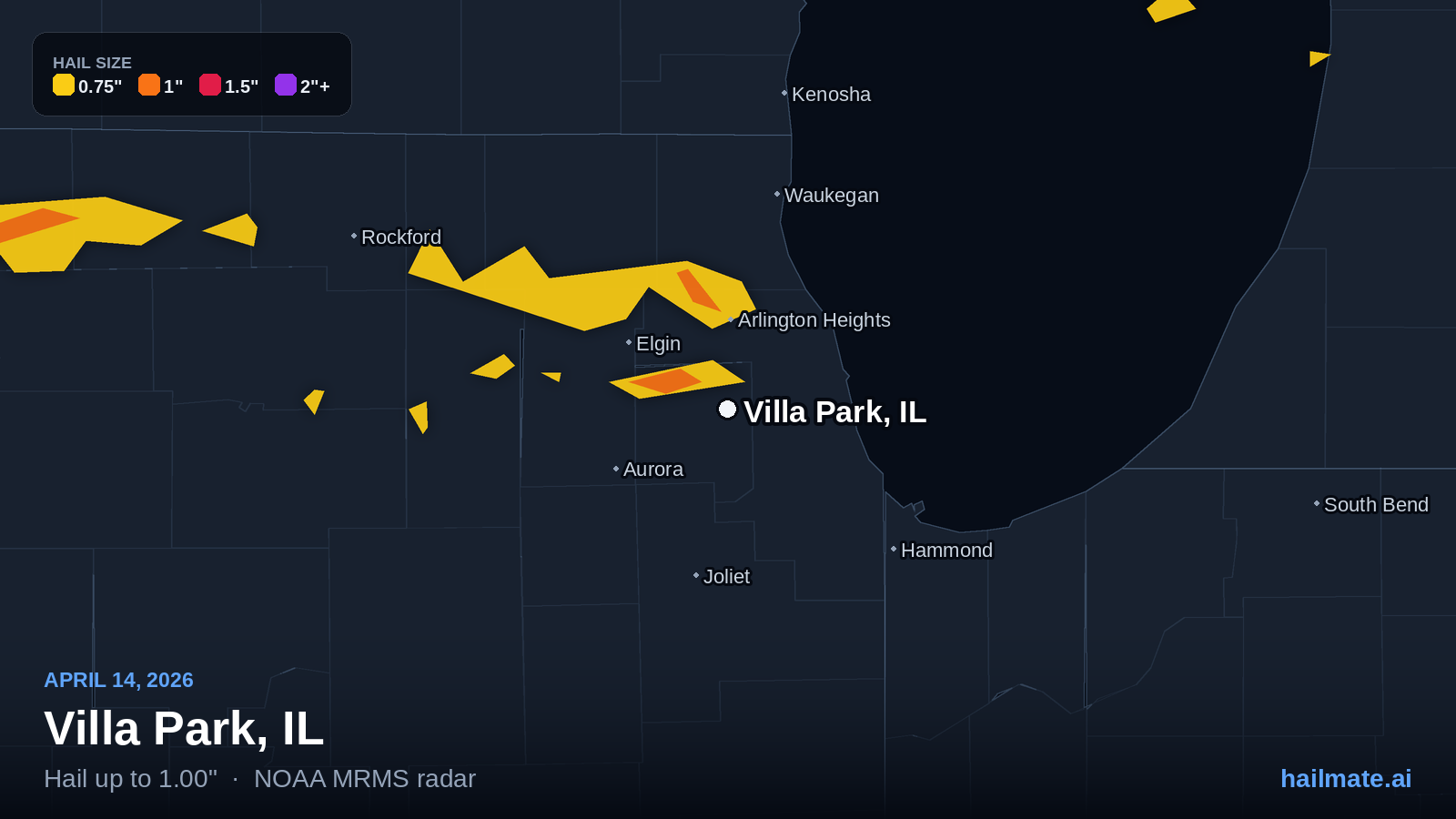 Hail swath map for Villa Park, IL on April 14, 2026 showing 1.00 inch hail.