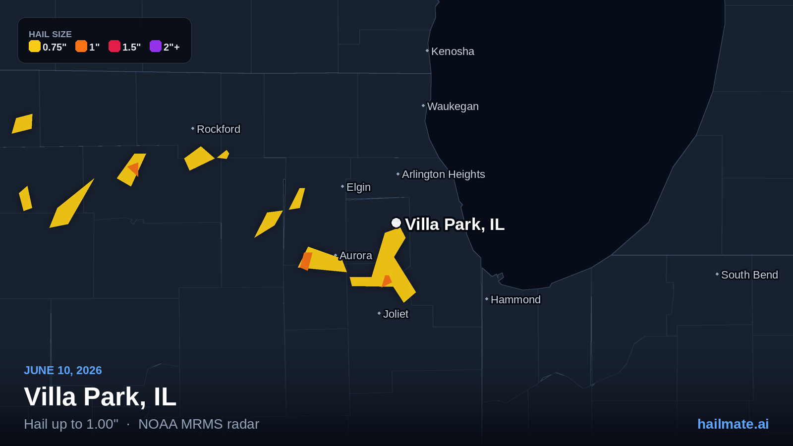 Hail swath map for Villa Park, IL on June 10, 2026 showing 1.00 inch hail.