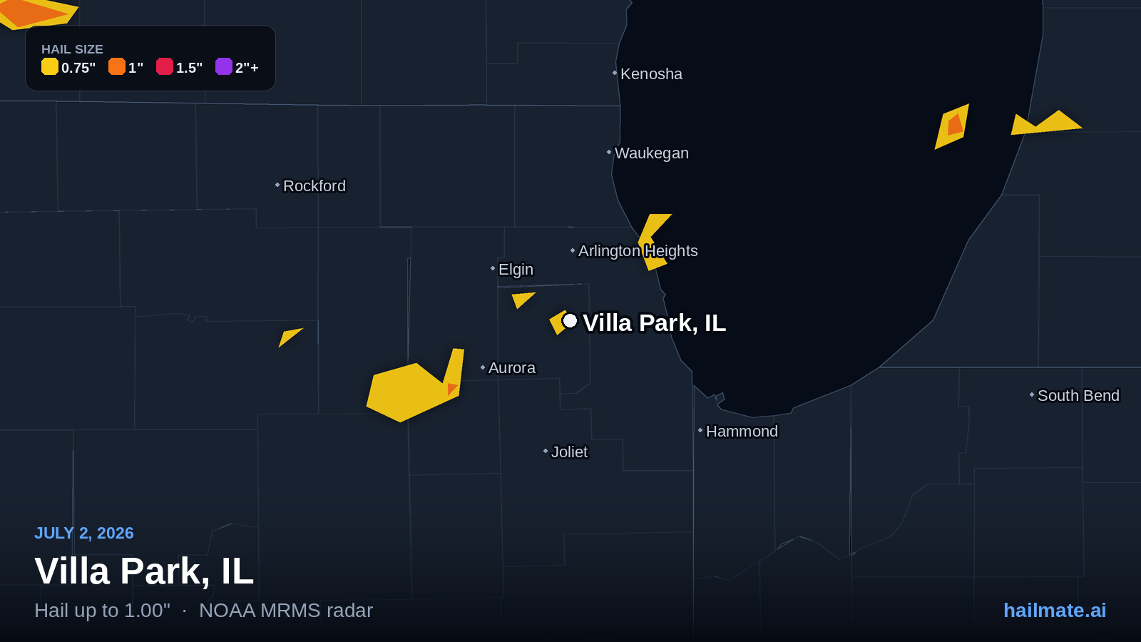 Hail swath map for Villa Park, IL on July 2, 2026 showing 1.00 inch hail.