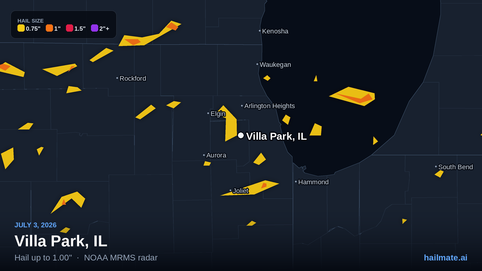 Hail swath map for Villa Park, IL on July 3, 2026 showing 1.00 inch hail.