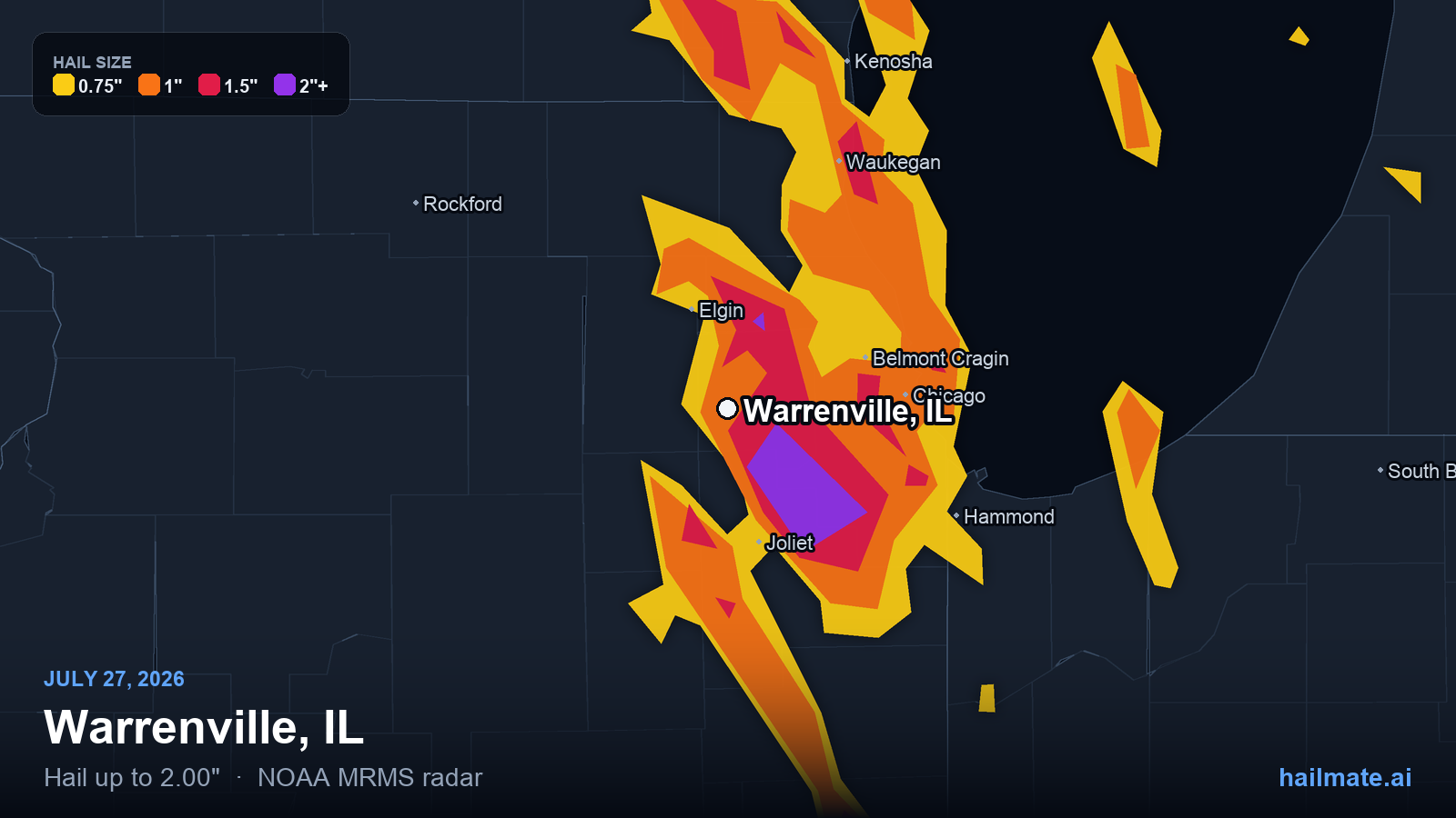 Hail swath map for Warrenville, IL on July 27, 2026 showing 2.00 inch hail.