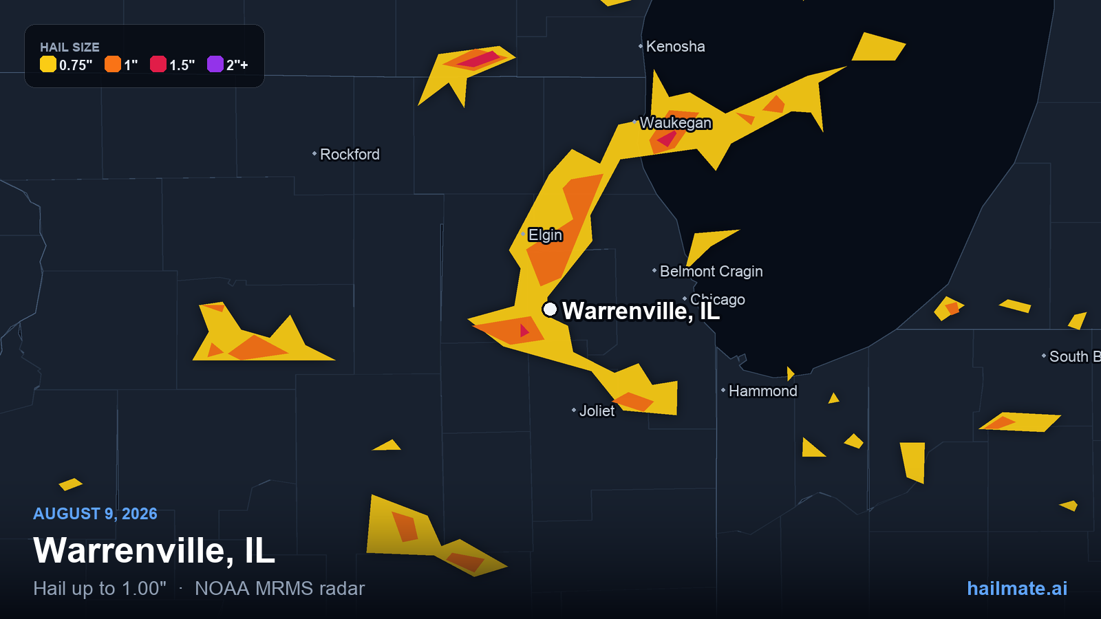 Hail swath map for Warrenville, IL on August 9, 2026 showing 1.00 inch hail.