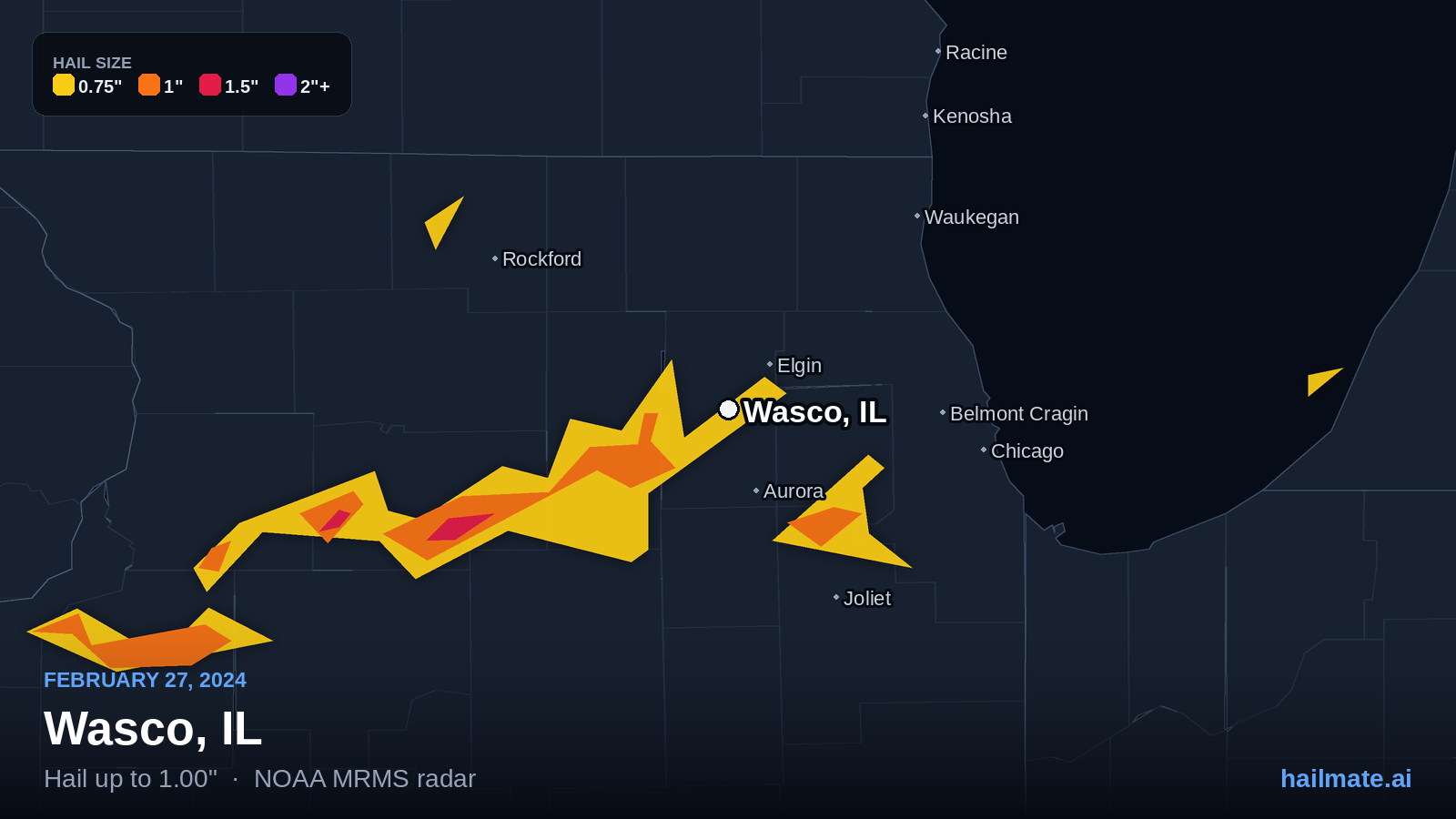 Hail swath map for Wasco, IL on February 27, 2024 showing 1.00 inch hail.