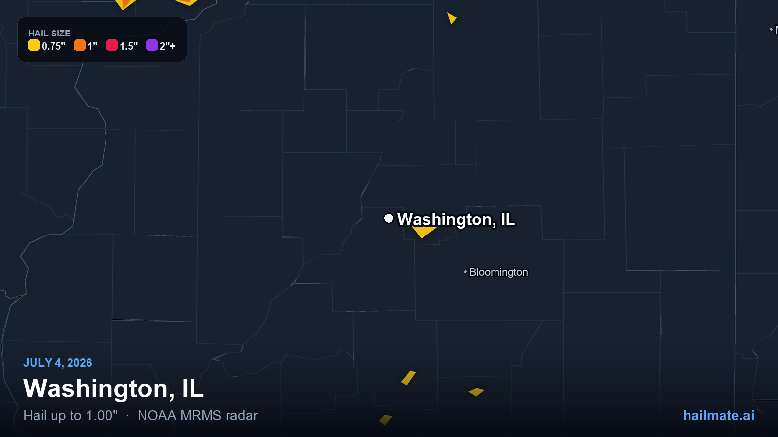 Hail swath map for Washington, IL on July 4, 2026 showing 1.00 inch hail.
