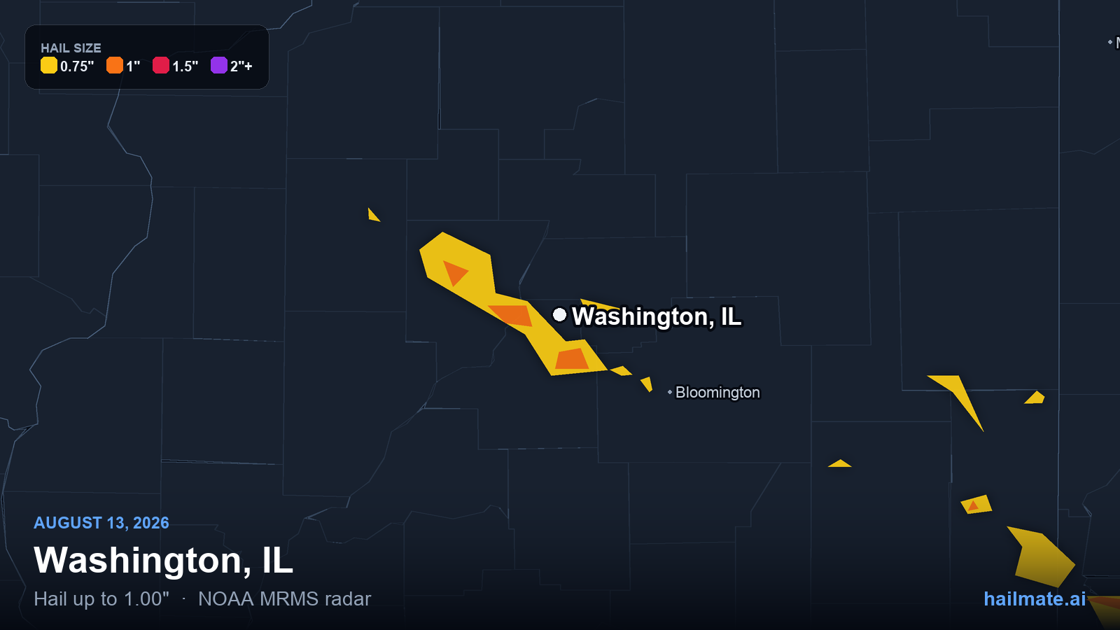 Hail swath map for Washington, IL on August 13, 2026 showing 1.00 inch hail.