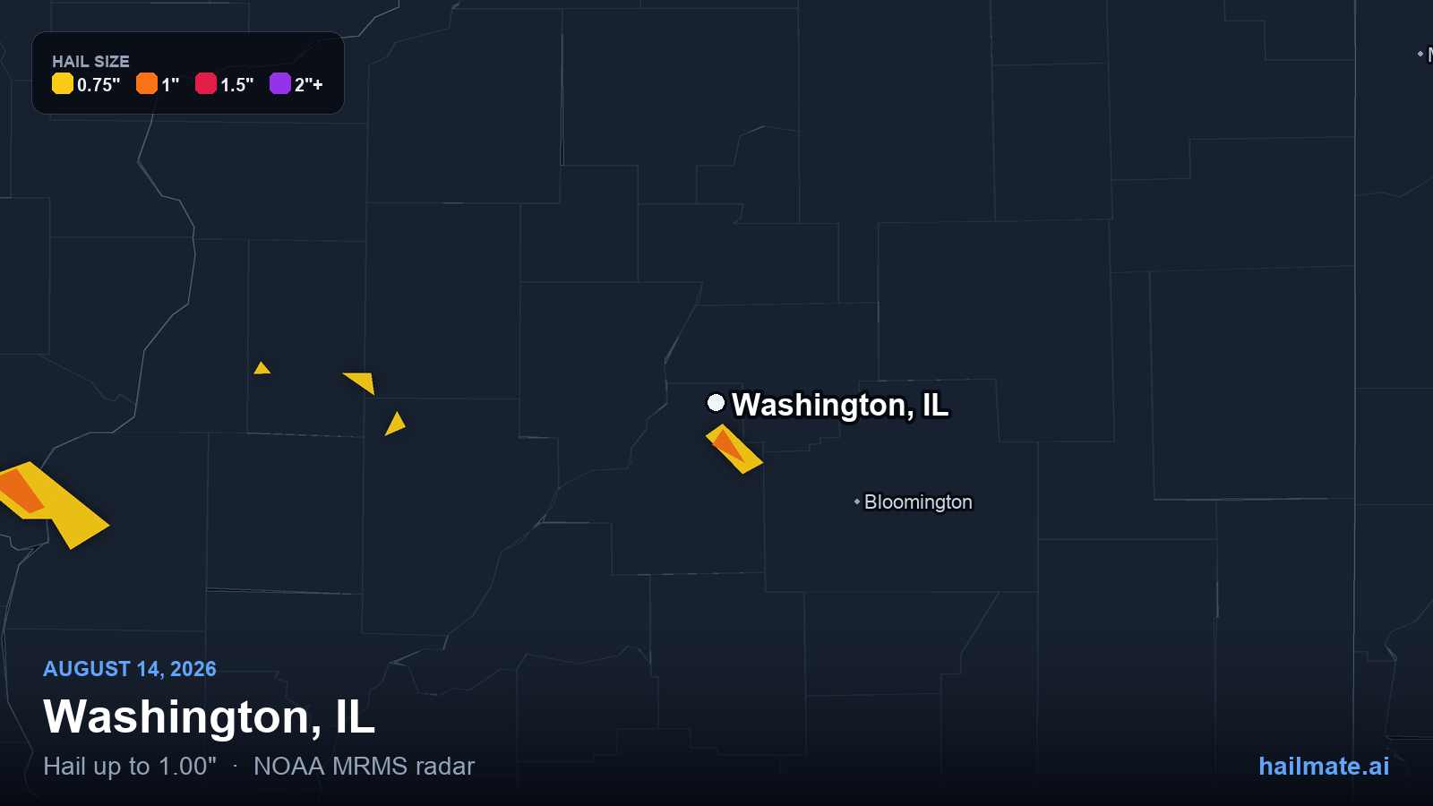 Hail swath map for Washington, IL on August 14, 2026 showing 1.00 inch hail.