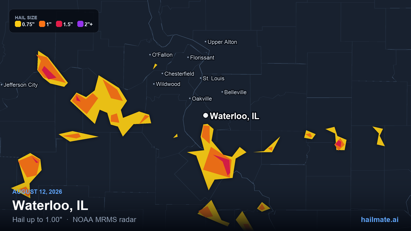 Hail swath map for Waterloo, IL on August 12, 2026 showing 1.00 inch hail.
