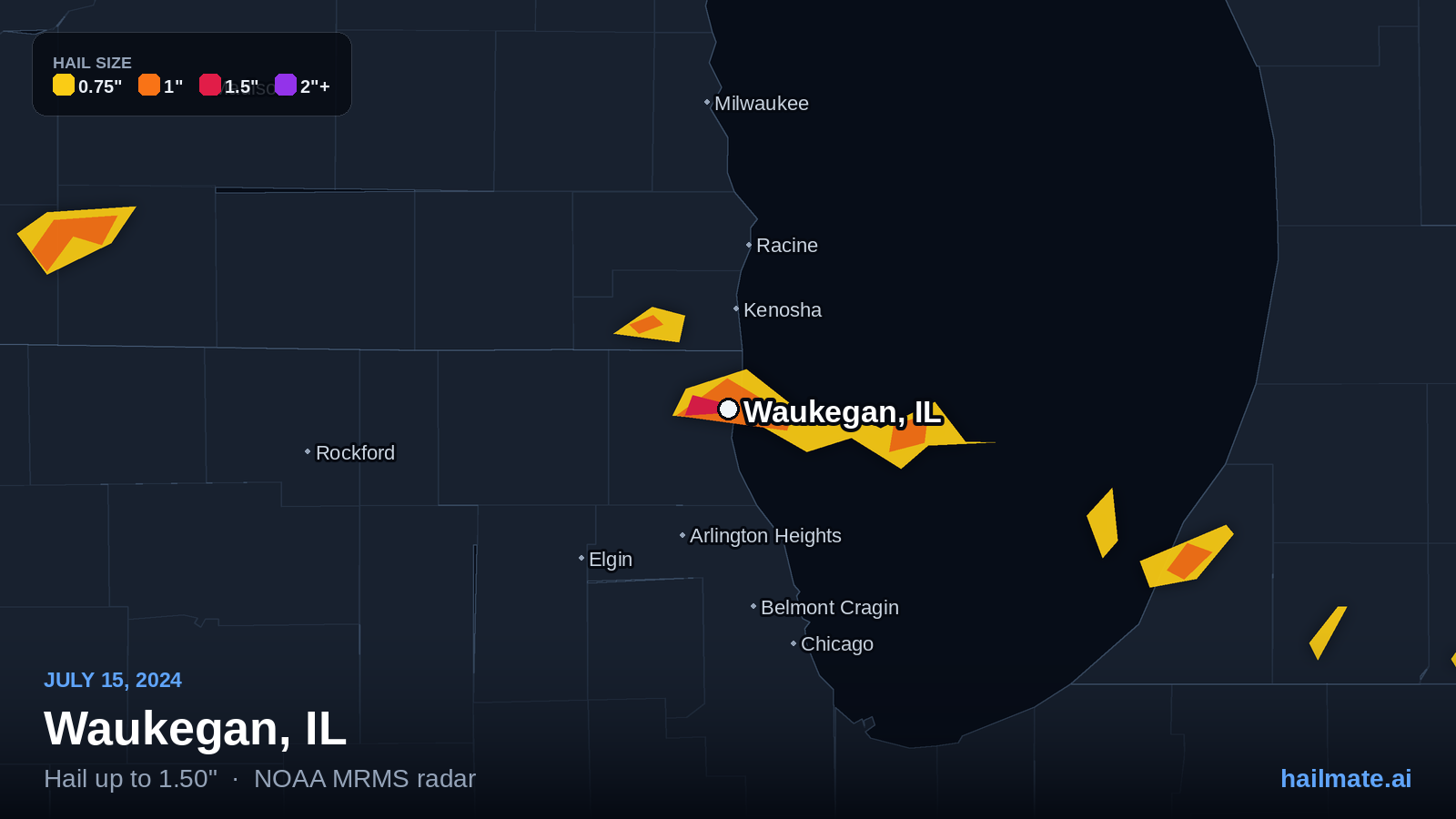 Hail swath map for Waukegan, IL on July 15, 2024 showing 1.50 inch hail.
