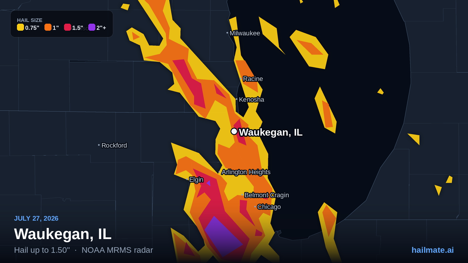 Hail swath map for Waukegan, IL on July 27, 2026 showing 1.50 inch hail.
