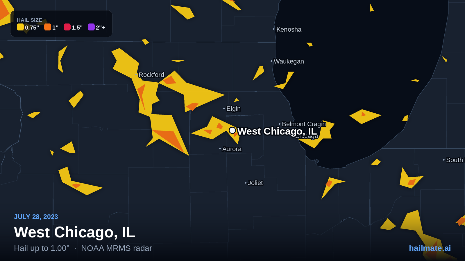 Hail swath map for West Chicago, IL on July 28, 2023 showing 1.00 inch hail.
