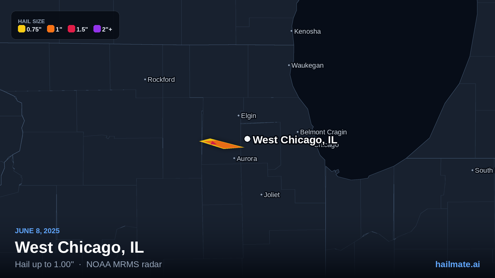 Hail swath map for West Chicago, IL on June 8, 2025 showing 1.00 inch hail.