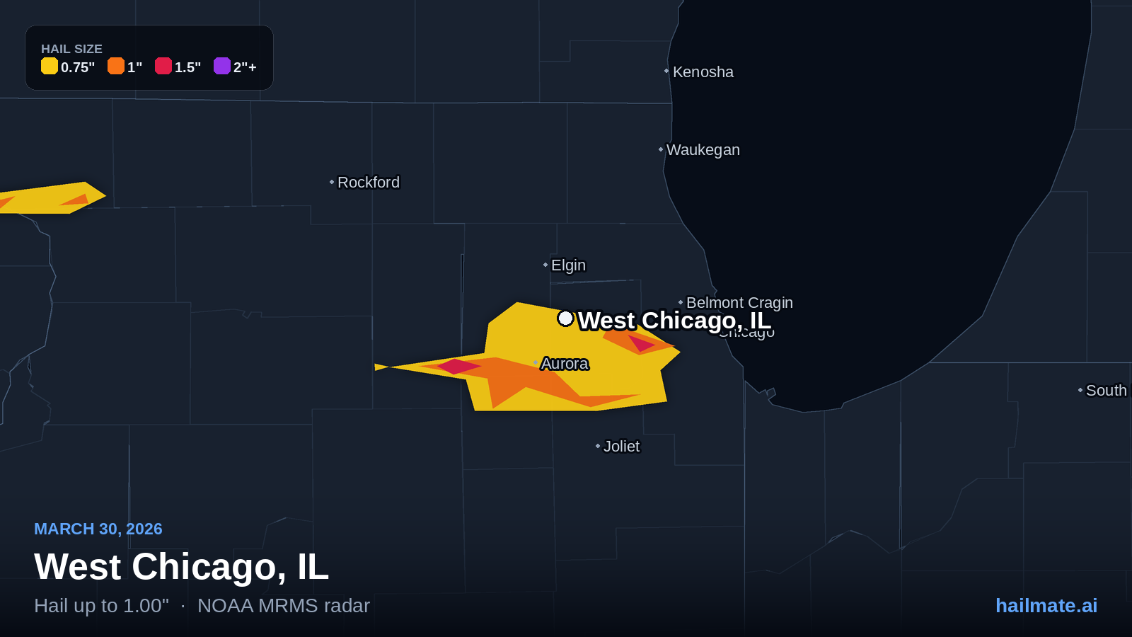 Hail swath map for West Chicago, IL on March 30, 2026 showing 1.00 inch hail.