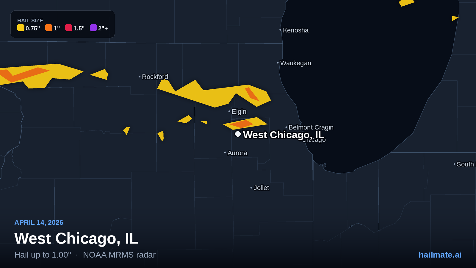 Hail swath map for West Chicago, IL on April 14, 2026 showing 1.00 inch hail.