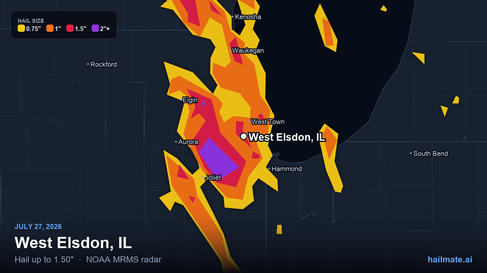 Hail swath map for West Elsdon, IL on July 27, 2026 showing 1.50 inch hail.