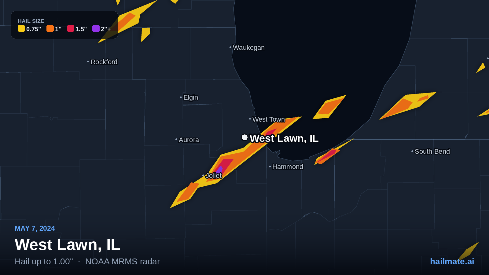 Hail swath map for West Lawn, IL on May 7, 2024 showing 1.00 inch hail.