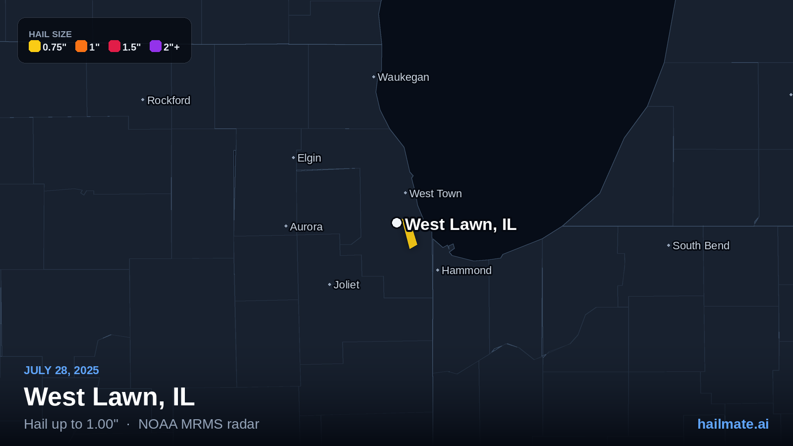 Hail swath map for West Lawn, IL on July 28, 2025 showing 1.00 inch hail.