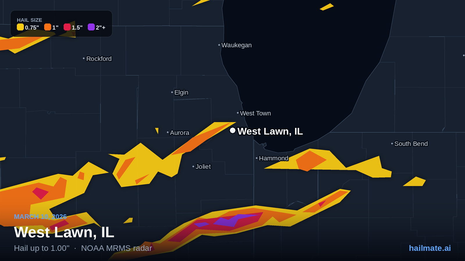 Hail swath map for West Lawn, IL on March 10, 2026 showing 1.00 inch hail.