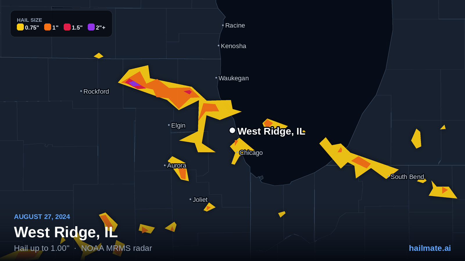 Hail swath map for West Ridge, IL on August 27, 2024 showing 1.00 inch hail.