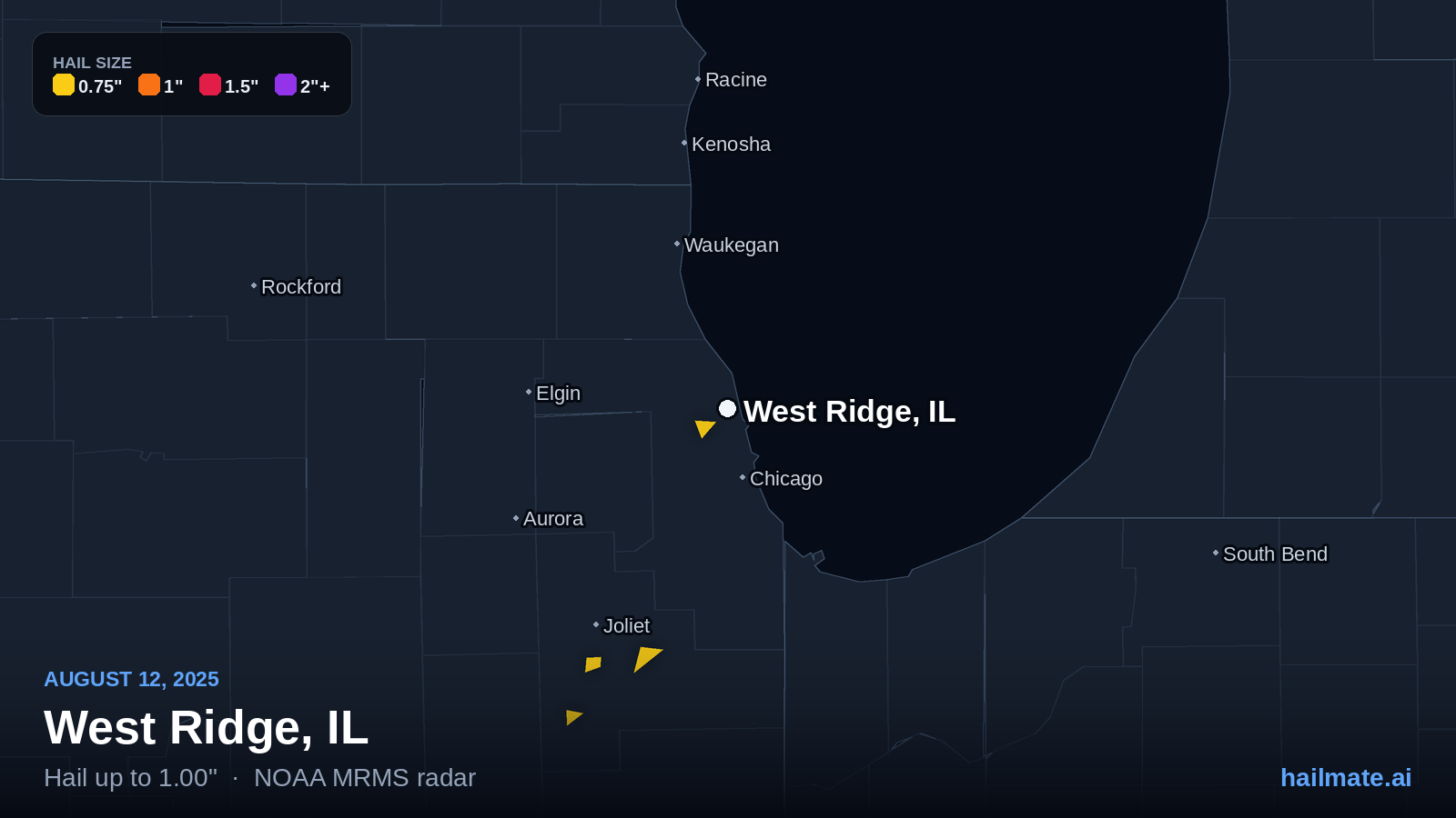 Hail swath map for West Ridge, IL on August 12, 2025 showing 1.00 inch hail.