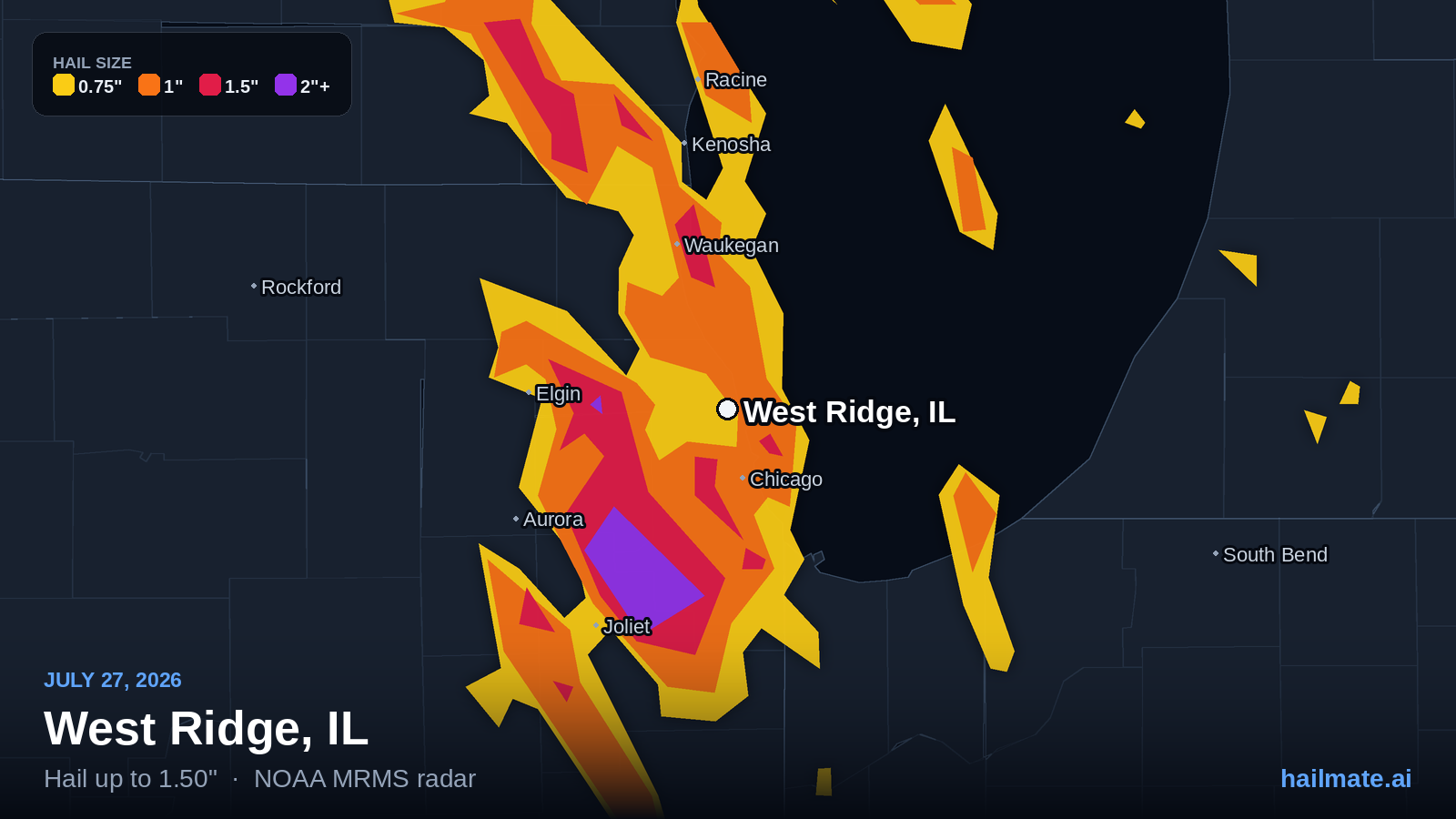 Hail swath map for West Ridge, IL on July 27, 2026 showing 1.50 inch hail.