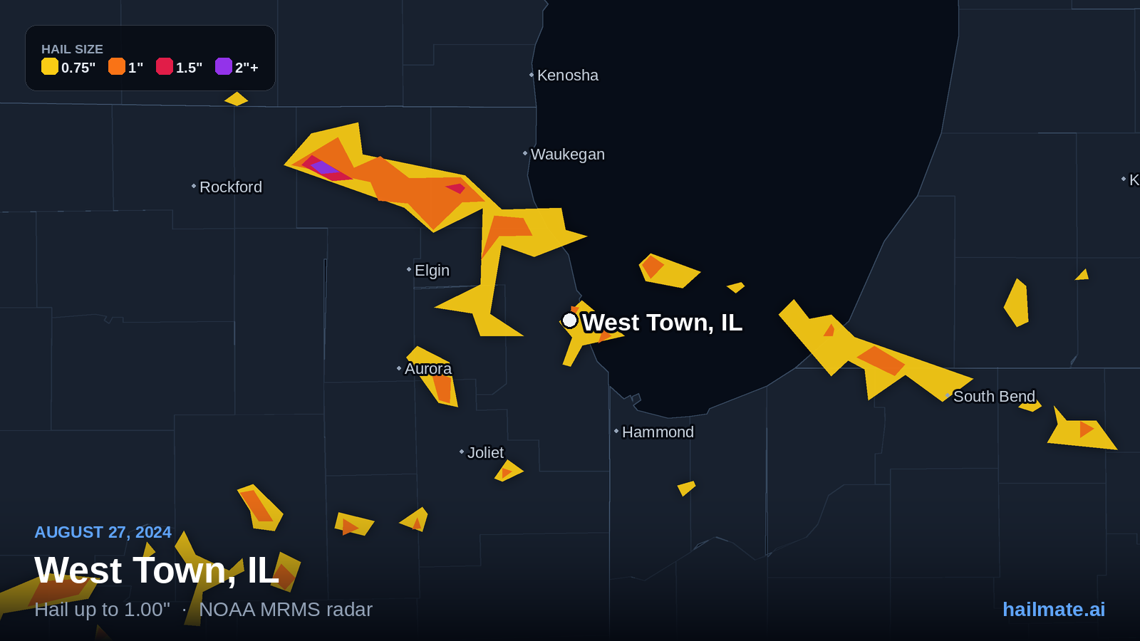 Hail swath map for West Town, IL on August 27, 2024 showing 1.00 inch hail.