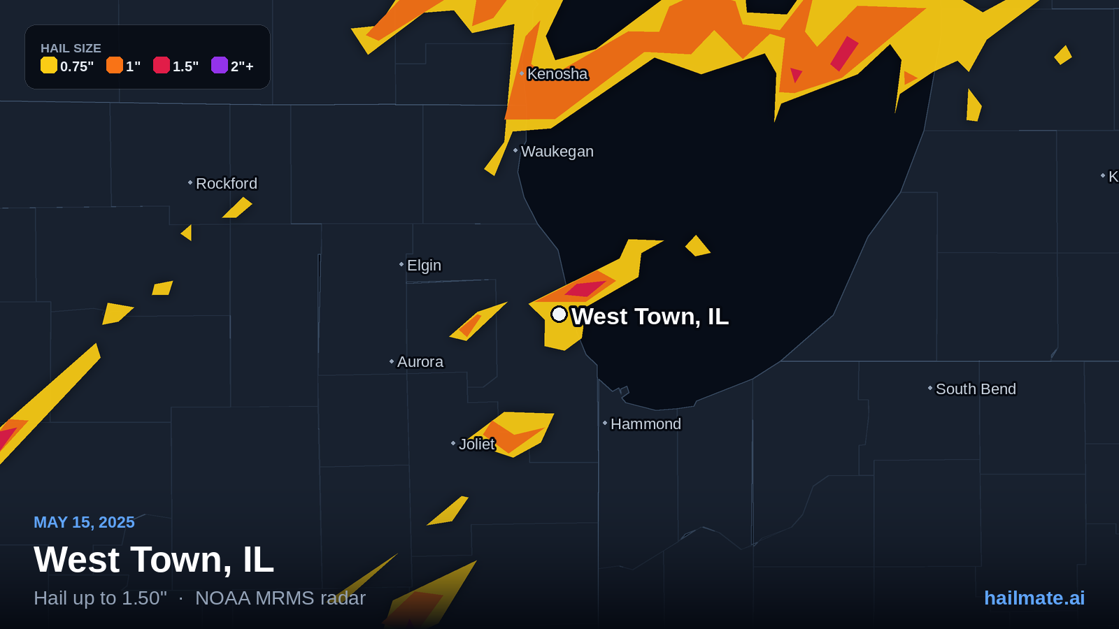 Hail swath map for West Town, IL on May 15, 2025 showing 1.50 inch hail.