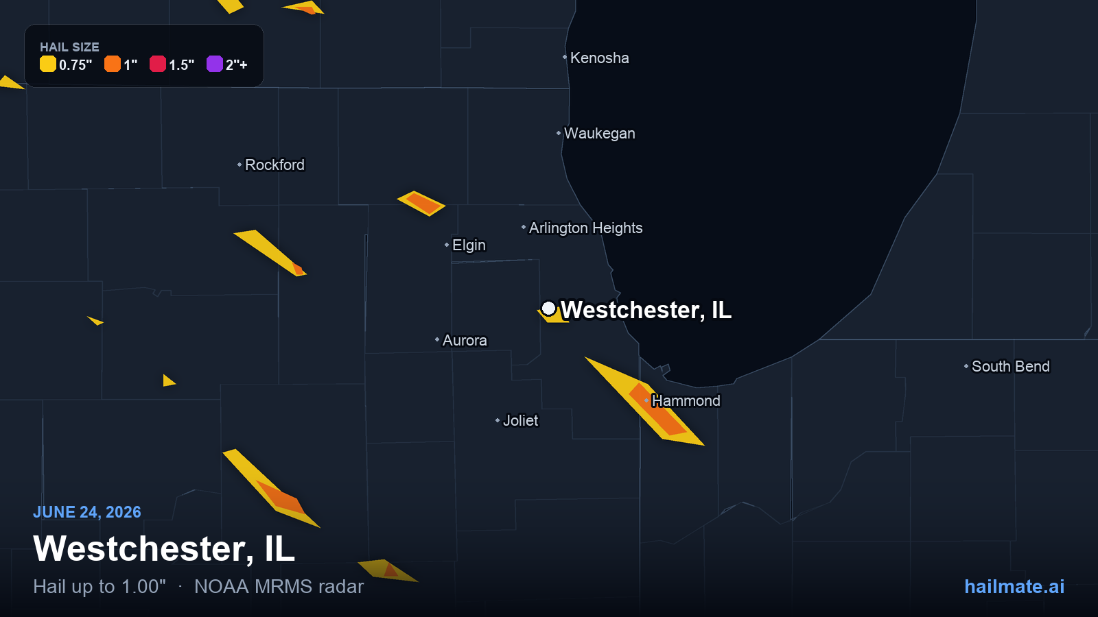 Hail swath map for Westchester, IL on June 24, 2026 showing 1.00 inch hail.