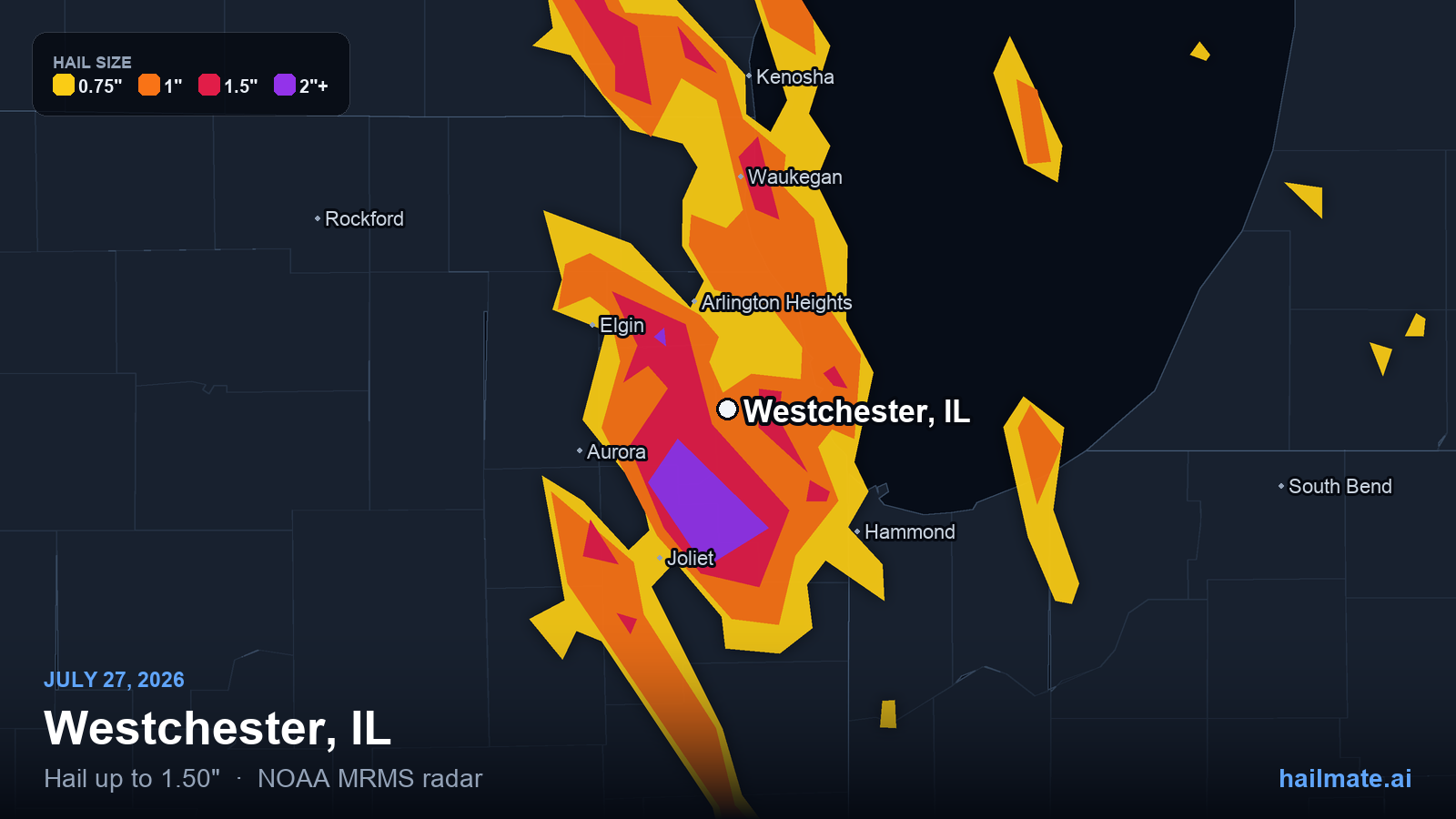 Hail swath map for Westchester, IL on July 27, 2026 showing 1.50 inch hail.