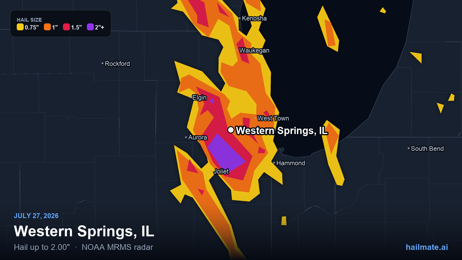 Hail swath map for Western Springs, IL on July 27, 2026 showing 2.00 inch hail.
